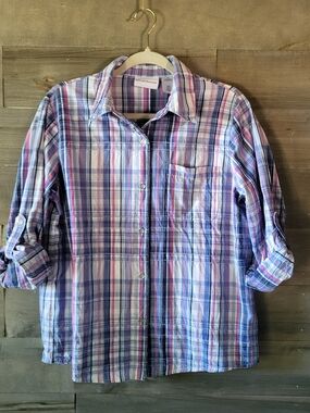 100% Cotton Women's Button-front Plaid Shirt With Roll Tab Sleeves Sz 12 Western